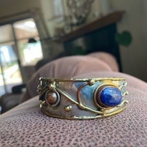 SOLD 📦 Handmade Vintage Brutalist Multi Metal Cuff Bracelet w/ Lapis Stone